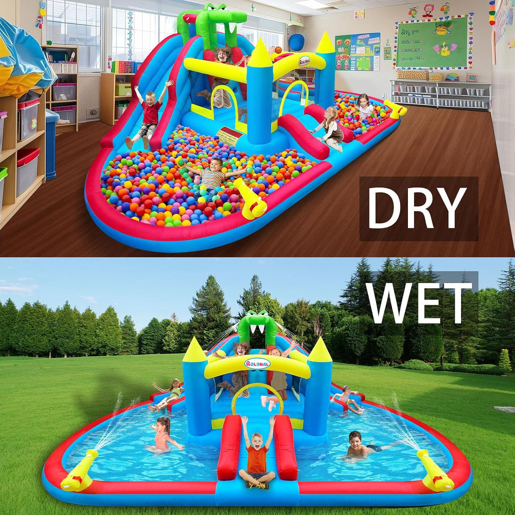 Inflatable Bounce House with Water Slide, Crocodile Bouncy Castle for Kids Indoor & Outdoor, Ball Pit, Climbing Wall, Basketball Hoop