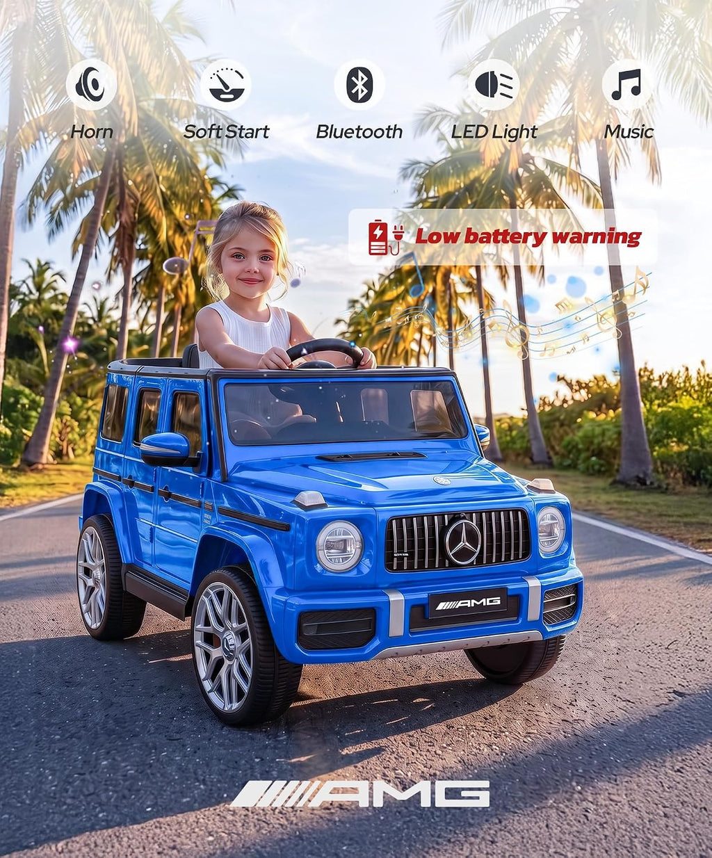 Licensed Mercedes-Benz AMG G63 Ride on Toys,All-Terrain Kids Car with 2.4G Remote Control,Battery Powered Electric Ride on Vehicle W/Bluetooth,Dual Mode of Flashing Light/Led Light,Music,Blue