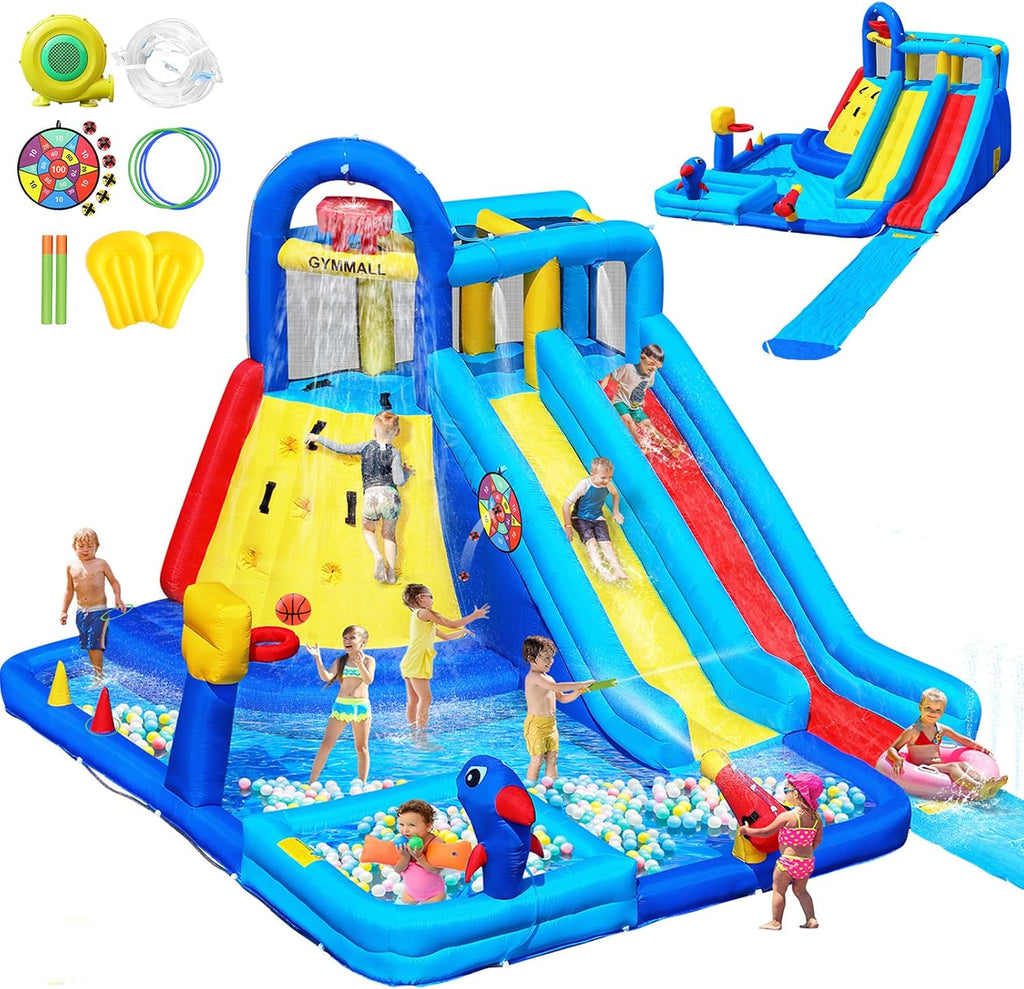 Inflatable Water Bounce House with Long Water Slide for Kids 3-10