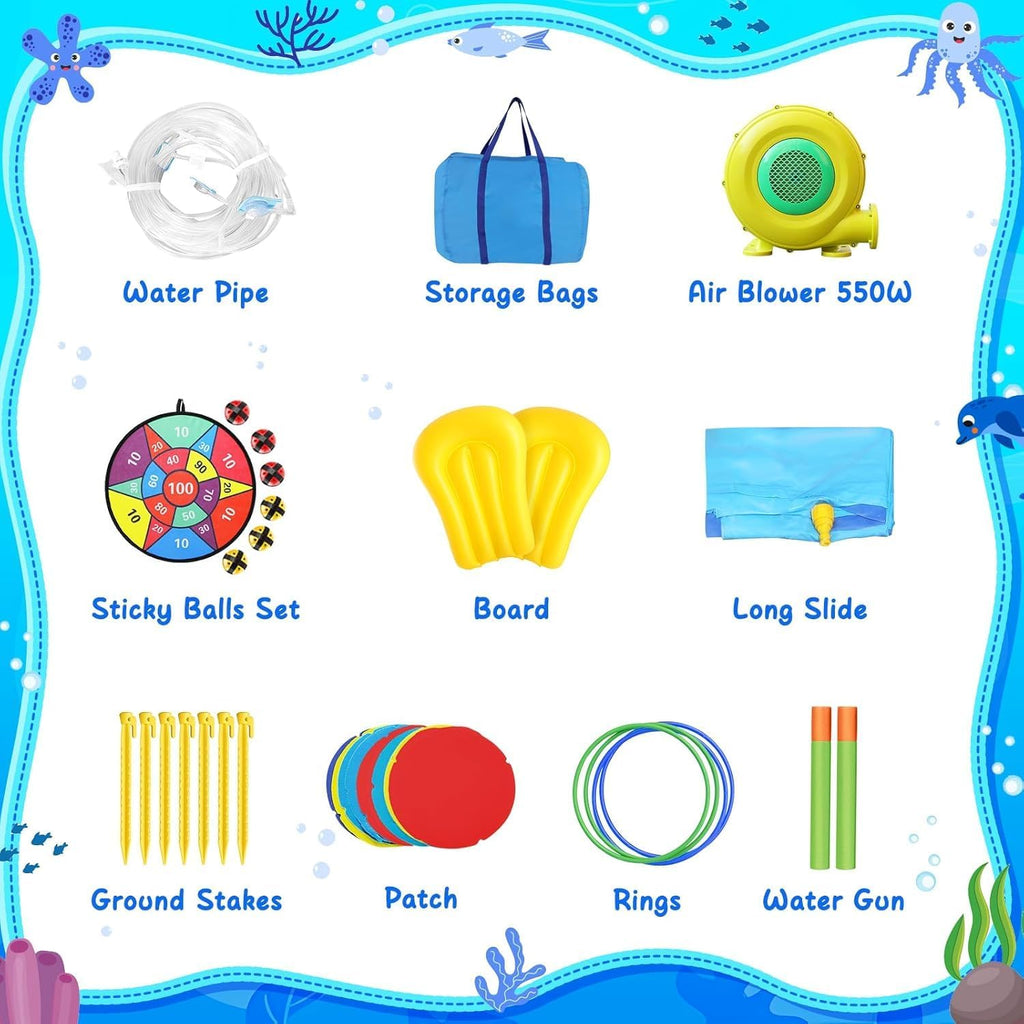 Inflatable Water Bounce House with Long Water Slide for Kids 3-10
