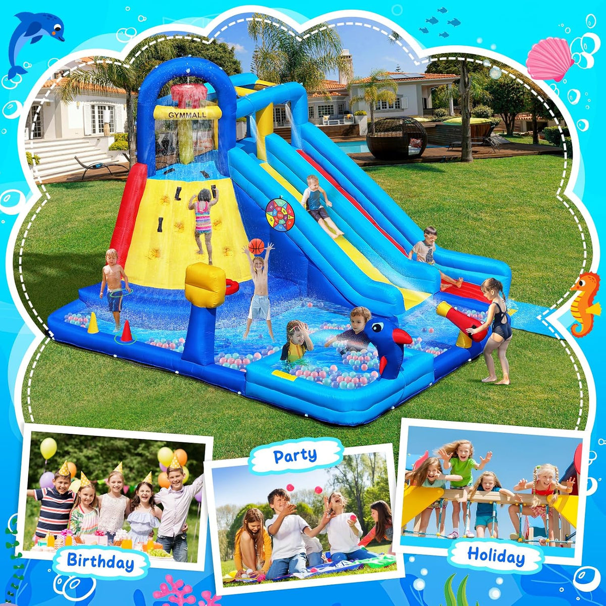 Inflatable Water Bounce House with Long Water Slide for Kids 3-10