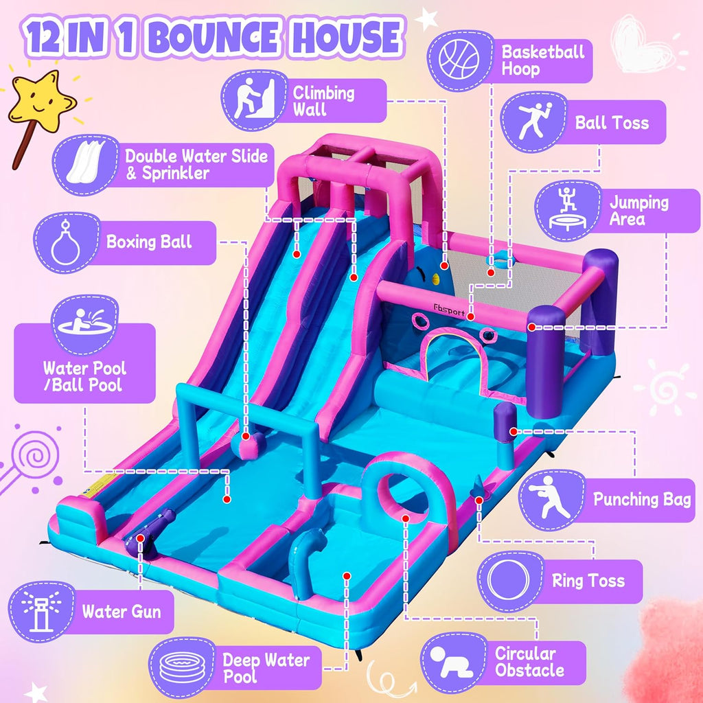 Inflatable Bounce House Bouncy House with Double Water Slide, Inflatable Bouncy Castle Water Bounce House with 750W Blower, Climbing Wall, Jumping, Splash Pool for Kids Indoor Outdoor