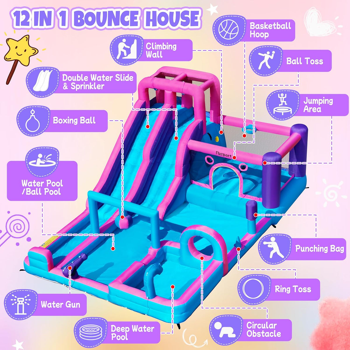 Inflatable Bounce House Bouncy House with Double Water Slide, Inflatable Bouncy Castle Water Bounce House with 750W Blower, Climbing Wall, Jumping, Splash Pool for Kids Indoor Outdoor