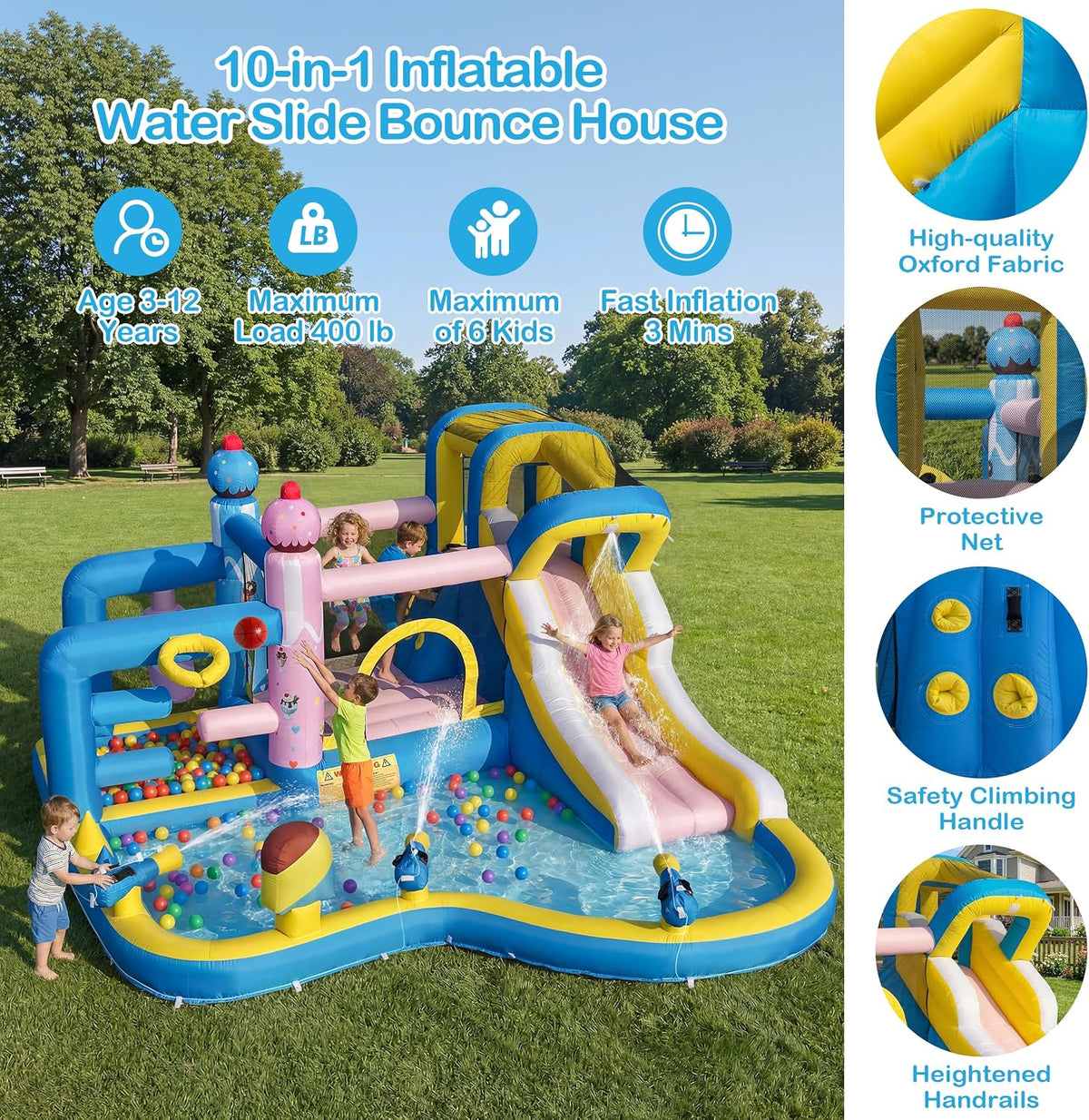 Inflatable Water Slide for Kids 3-12: Blow up Bounce House Backyard Water Park with 480W Blower- 10 in 1 with Pool for Outdoor Birthday Party