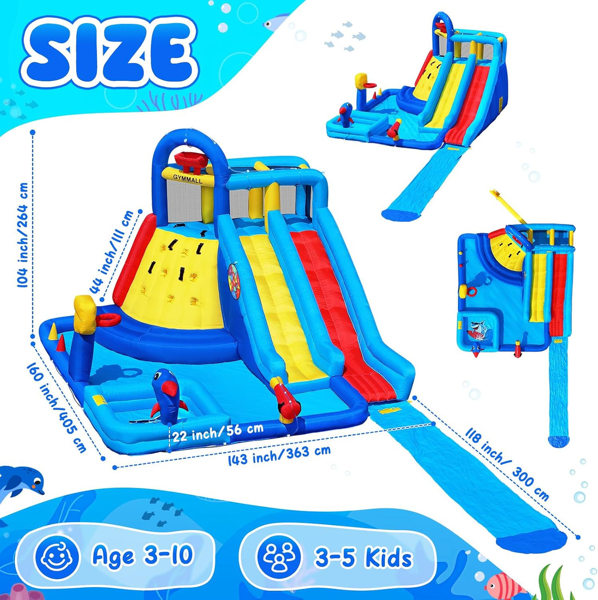 Inflatable Water Bounce House with Long Water Slide for Kids 3-10