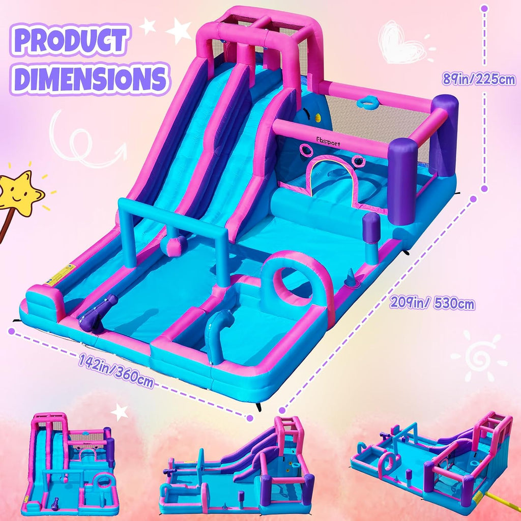 Inflatable Bounce House Bouncy House with Double Water Slide, Inflatable Bouncy Castle Water Bounce House with 750W Blower, Climbing Wall, Jumping, Splash Pool for Kids Indoor Outdoor