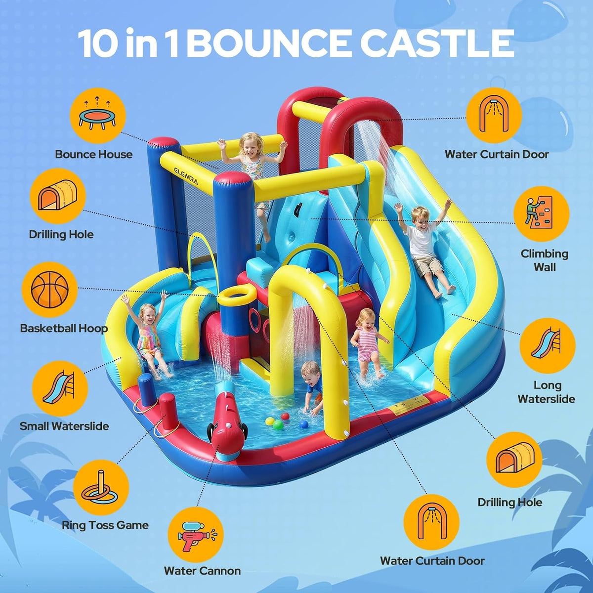 10 in 1 Inflatable Water Slide Bounce House, Inflatable Bounce House with Blower, Dual Slides & Climbing Walls & Ring-Toss Game & 2 Water Guns, Splash Pool, Blow up Water Slide with Blower