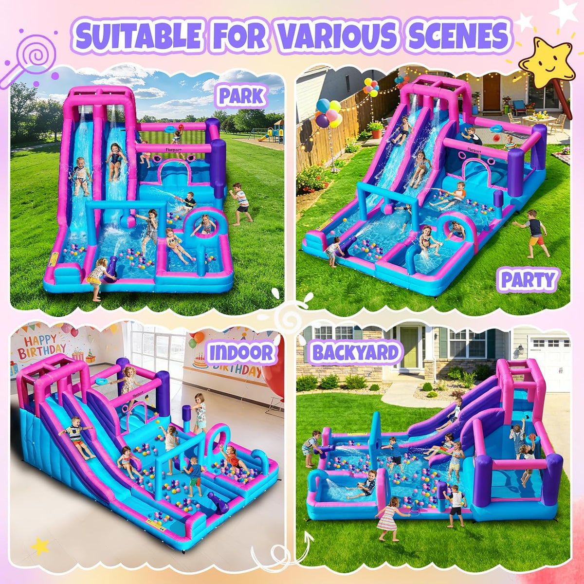 Inflatable Bounce House Bouncy House with Double Water Slide, Inflatable Bouncy Castle Water Bounce House with 750W Blower, Climbing Wall, Jumping, Splash Pool for Kids Indoor Outdoor