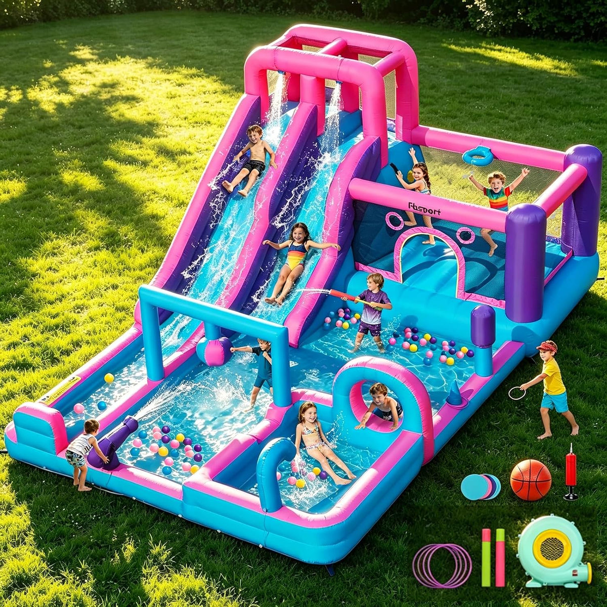 Inflatable Bounce House Bouncy House with Double Water Slide, Inflatable Bouncy Castle Water Bounce House with 750W Blower, Climbing Wall, Jumping, Splash Pool for Kids Indoor Outdoor