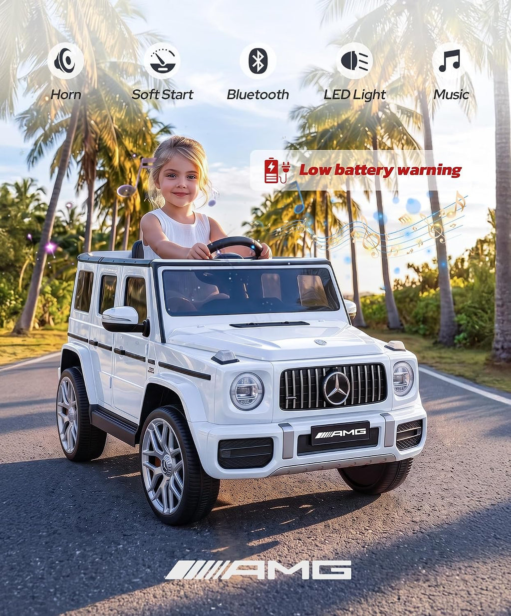Licensed Mercedes-Benz AMG G63 Ride on Toys,Electric Car for Kids W/Parents Control,Electric Powered G Wagon Ride on Truck Toy,Low Battery Prompt,Bluetooth,Flickering Lights/Led Lights, White