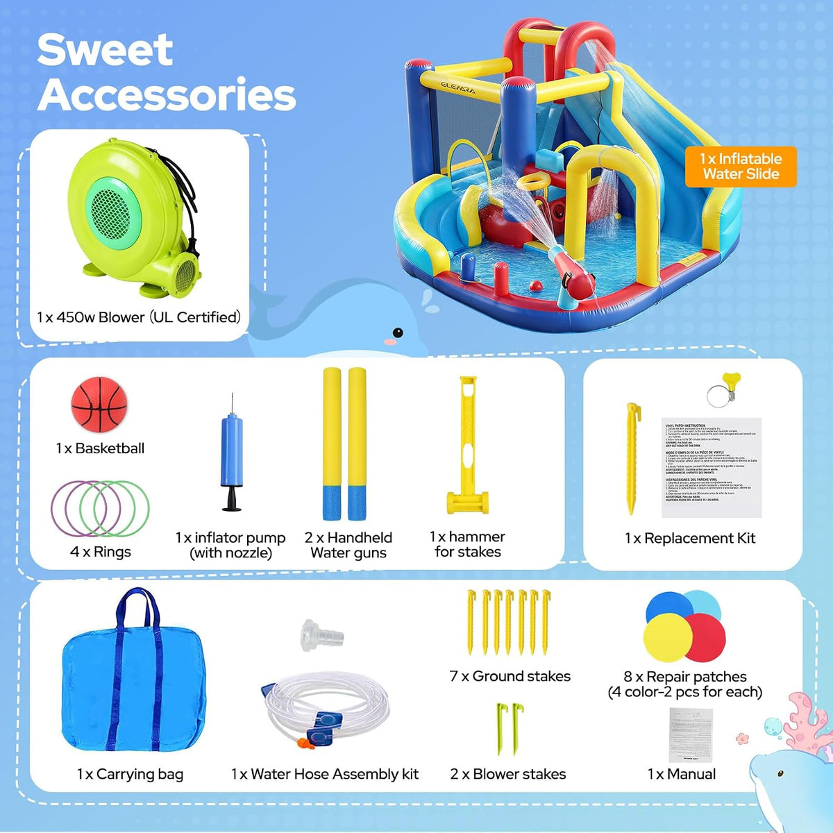10 in 1 Inflatable Water Slide Bounce House, Inflatable Bounce House with Blower, Dual Slides & Climbing Walls & Ring-Toss Game & 2 Water Guns, Splash Pool, Blow up Water Slide with Blower