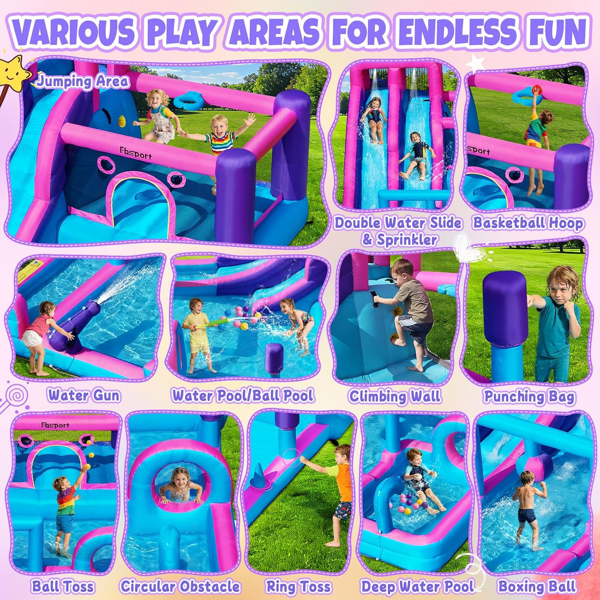Inflatable Bounce House Bouncy House with Double Water Slide, Inflatable Bouncy Castle Water Bounce House with 750W Blower, Climbing Wall, Jumping, Splash Pool for Kids Indoor Outdoor