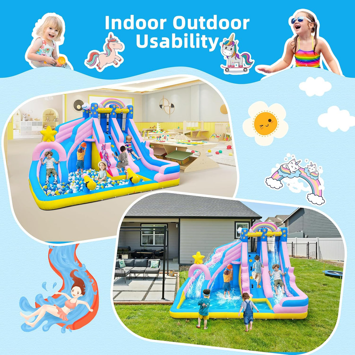 6 in 1 Inflatable Water Slide Bounce House for Kids Backyard
