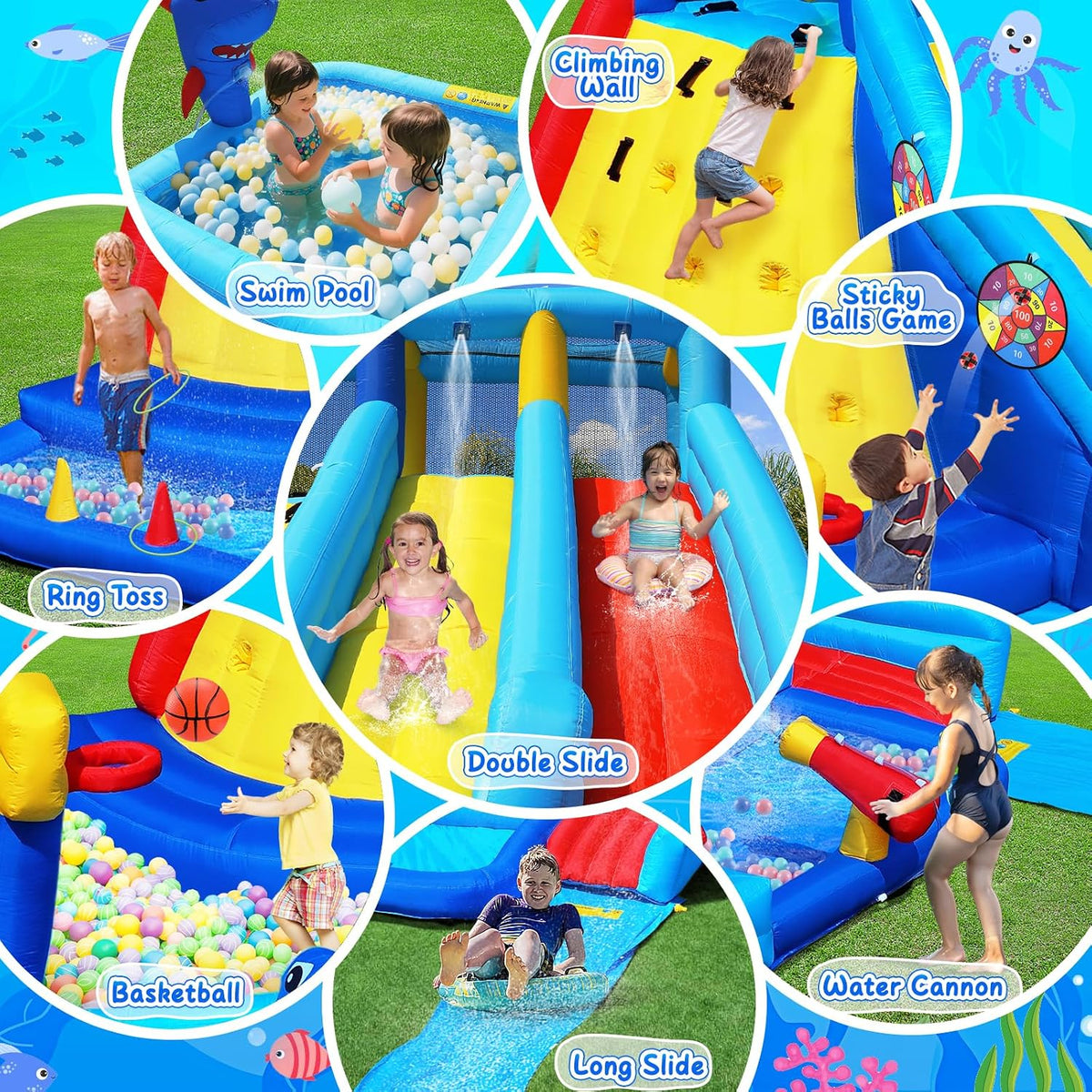 Inflatable Water Bounce House with Long Water Slide for Kids 3-10
