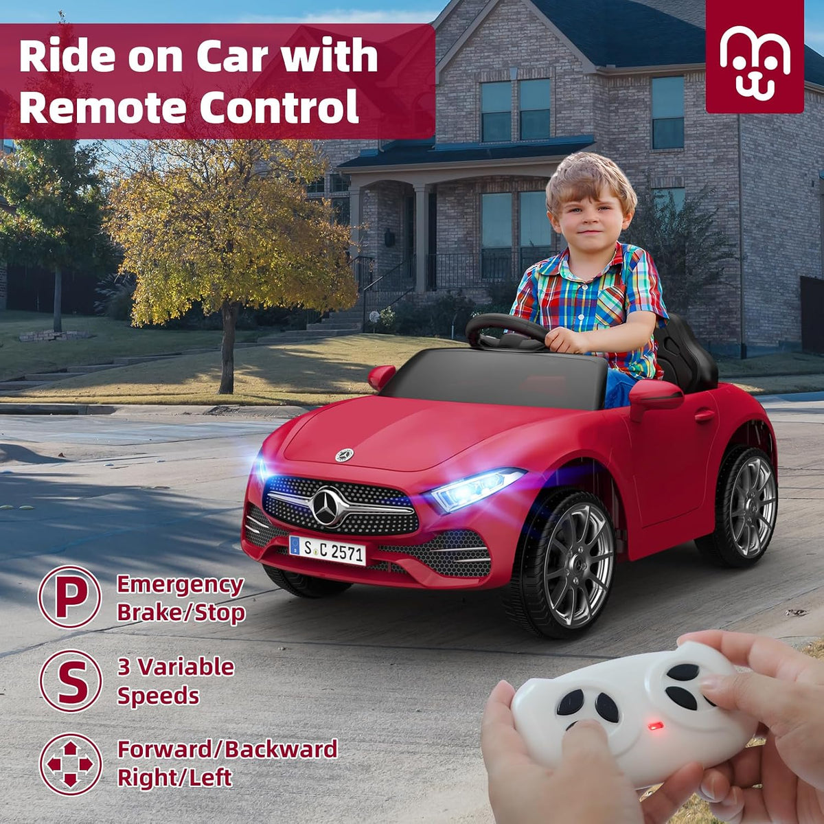 12V Licensed Electric Car with Remote Control, Kids Ride on Car with Bluetooth Music Player, 3.1MPH Max Speed, Battery Powered Toddler Roadster Birthday Gift for Boy and Girl-Deep Red