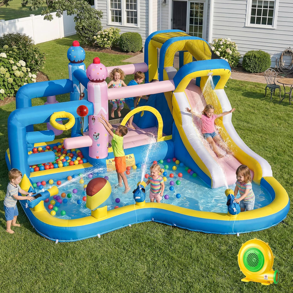 Inflatable Water Slide for Kids 3-12: Blow up Bounce House Backyard Water Park with 480W Blower- 10 in 1 with Pool for Outdoor Birthday Party