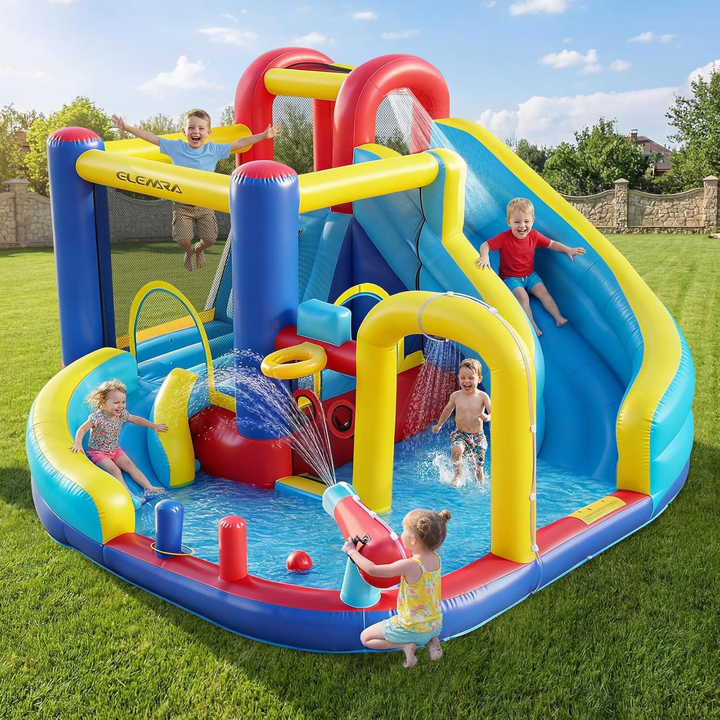 10 in 1 Inflatable Water Slide Bounce House, Inflatable Bounce House with Blower, Dual Slides & Climbing Walls & Ring-Toss Game & 2 Water Guns, Splash Pool, Blow up Water Slide with Blower