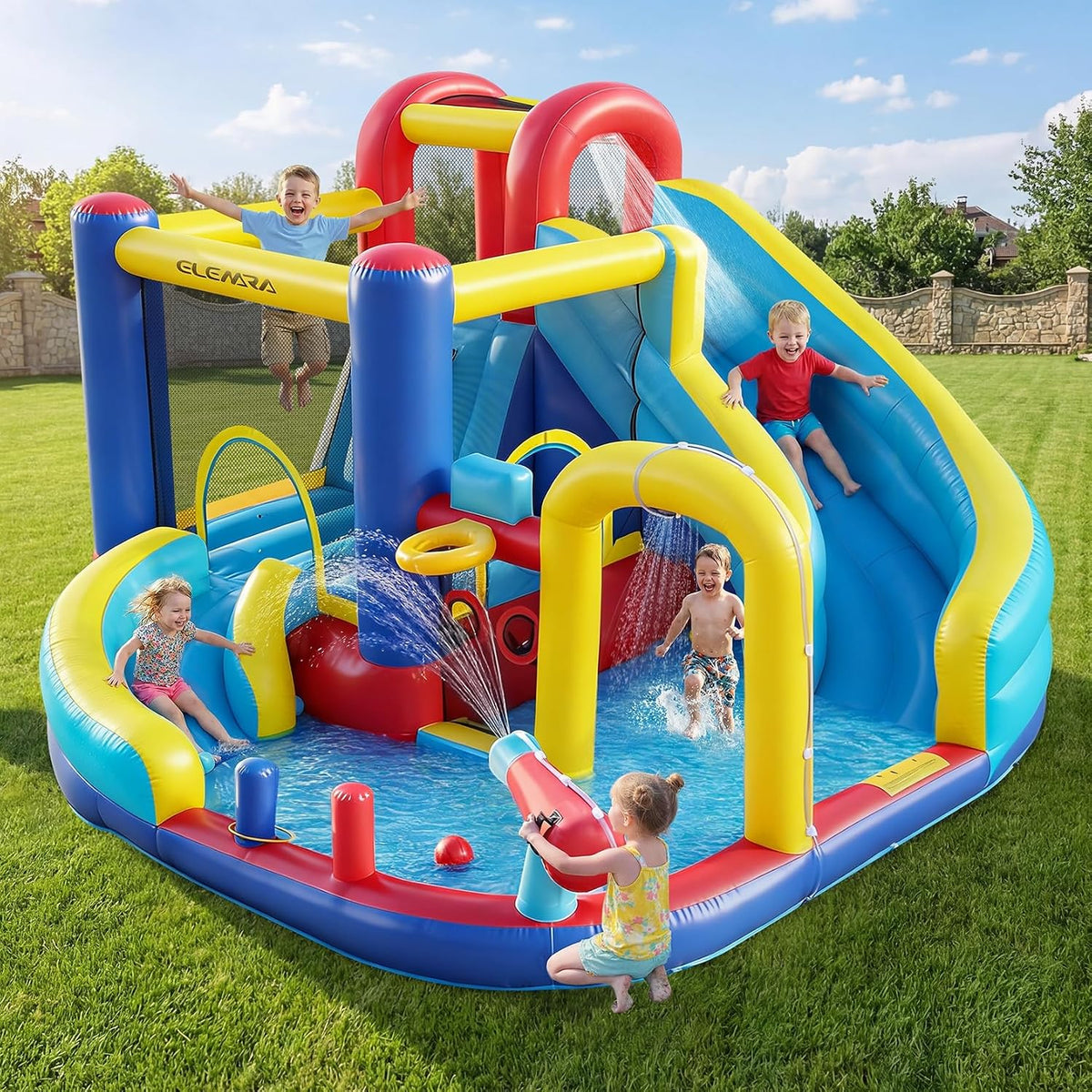10 in 1 Inflatable Water Slide Bounce House, Inflatable Bounce House with Blower, Dual Slides & Climbing Walls & Ring-Toss Game & 2 Water Guns, Splash Pool, Blow up Water Slide with Blower