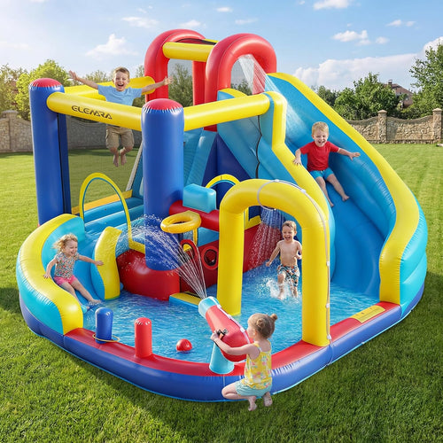 10 in 1 Inflatable Water Slide Bounce House, Inflatable Bounce House with Blower, Dual Slides & Climbing Walls & Ring-Toss Game & 2 Water Guns, Splash Pool, Blow up Water Slide with Blower
