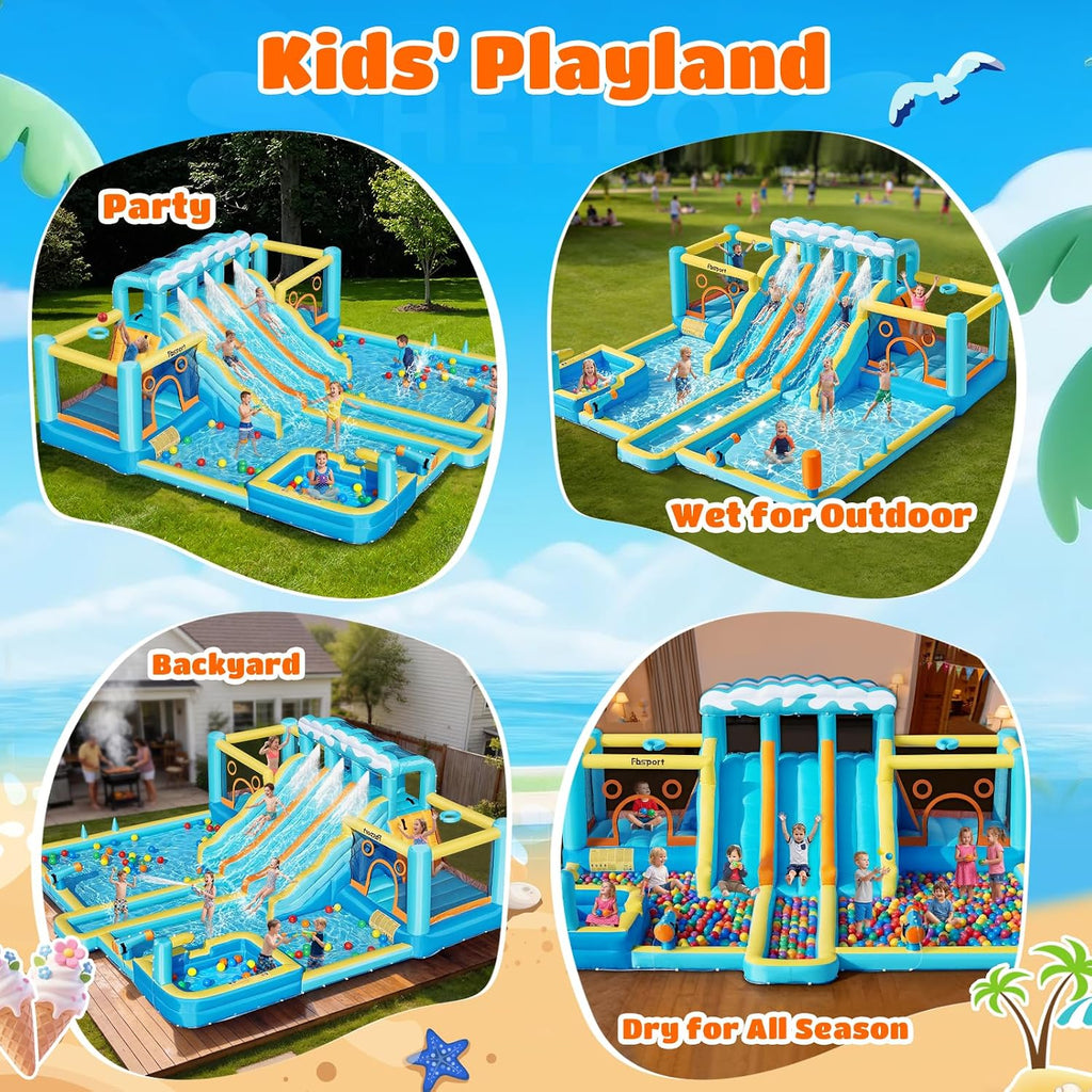 Inflatable Bounce House Water Slide, 3 Slides & 2 Bouncers 10-In-1 Water Slide Park Bounce House with 950W Blower, Bouncy Castle for Kids Backyard Party Outdoor, with Water Gun, Splash Pool