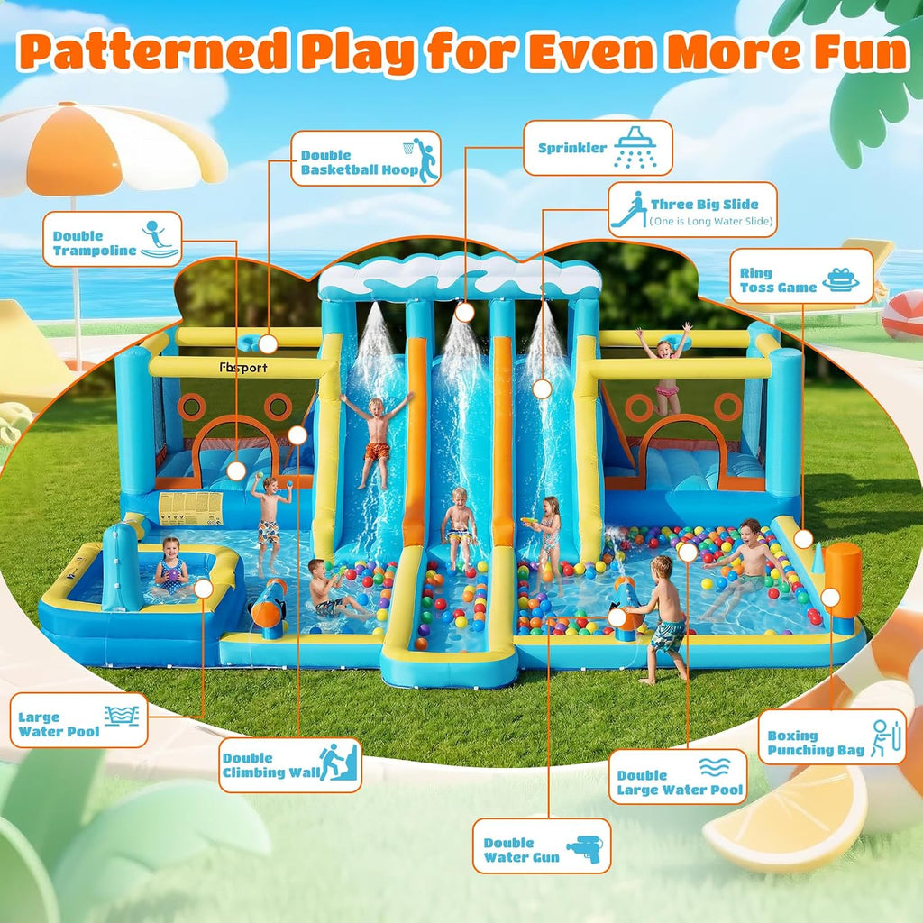 Inflatable Bounce House Water Slide, 3 Slides & 2 Bouncers 10-In-1 Water Slide Park Bounce House with 950W Blower, Bouncy Castle for Kids Backyard Party Outdoor, with Water Gun, Splash Pool