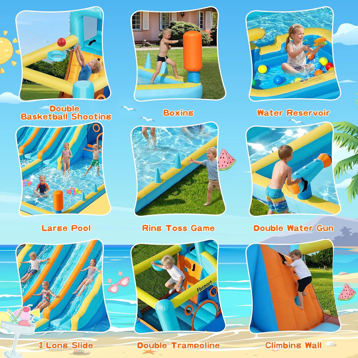Inflatable Bounce House Water Slide, 3 Slides & 2 Bouncers 10-In-1 Water Slide Park Bounce House with 950W Blower, Bouncy Castle for Kids Backyard Party Outdoor, with Water Gun, Splash Pool