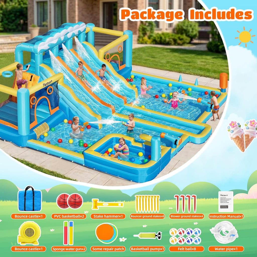 Inflatable Bounce House Water Slide, 3 Slides & 2 Bouncers 10-In-1 Water Slide Park Bounce House with 950W Blower, Bouncy Castle for Kids Backyard Party Outdoor, with Water Gun, Splash Pool