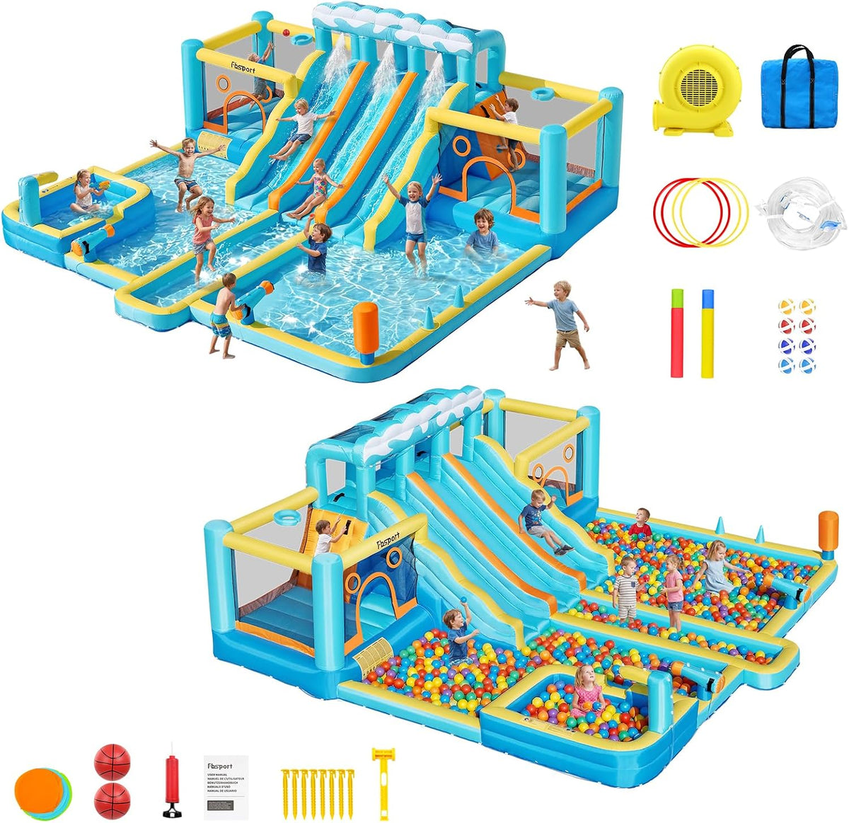 Inflatable Bounce House Water Slide, 3 Slides & 2 Bouncers 10-In-1 Water Slide Park Bounce House with 950W Blower, Bouncy Castle for Kids Backyard Party Outdoor, with Water Gun, Splash Pool