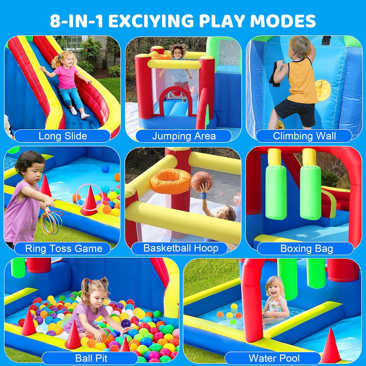 Bounce House, Inflatable Bouncing House for Kids, 8-In-1 Bouncy Castle with Blower, Kids Jumper Bouncy House with Slide for Indoor Outdoor Backyard