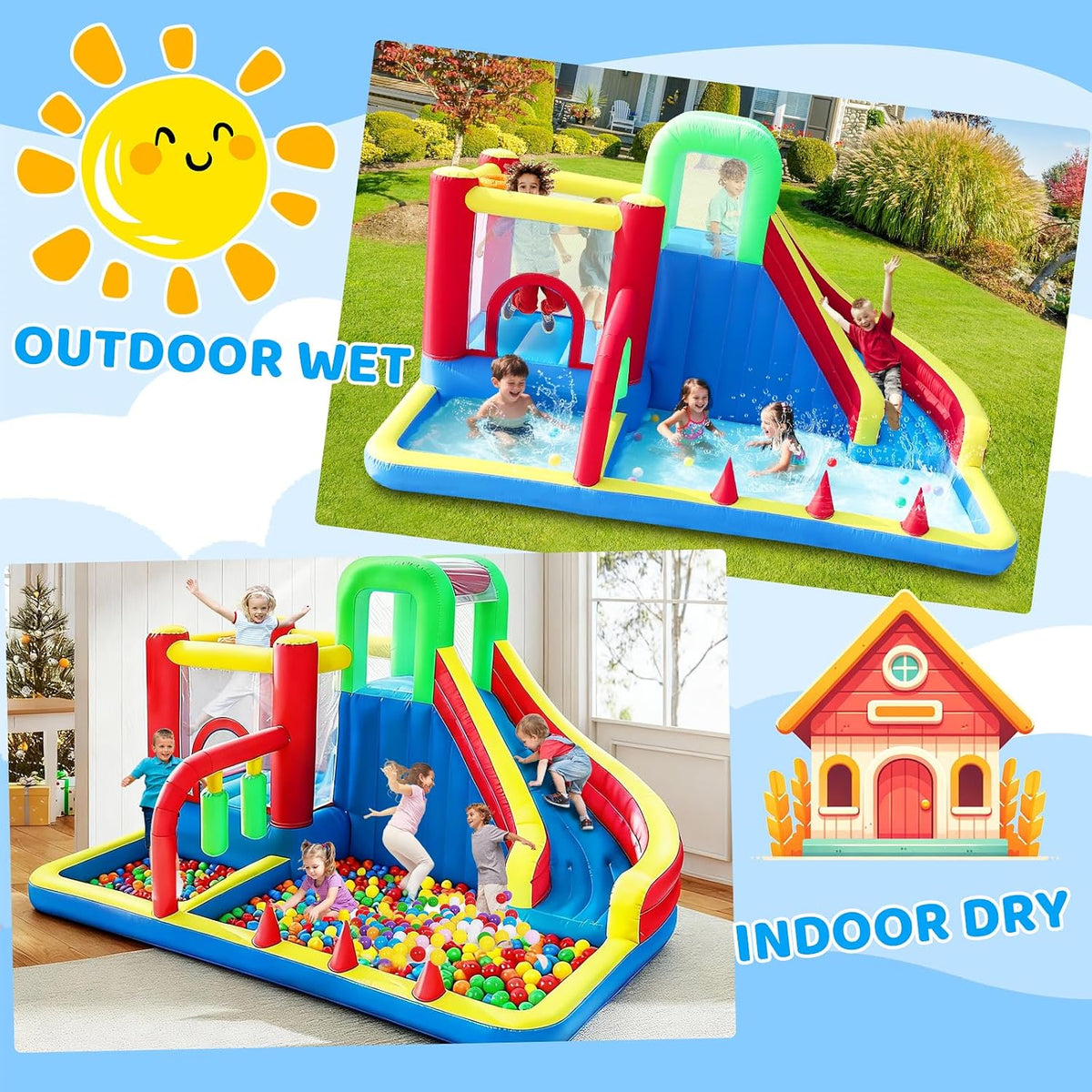 Bounce House, Inflatable Bouncing House for Kids, 8-In-1 Bouncy Castle with Blower, Kids Jumper Bouncy House with Slide for Indoor Outdoor Backyard
