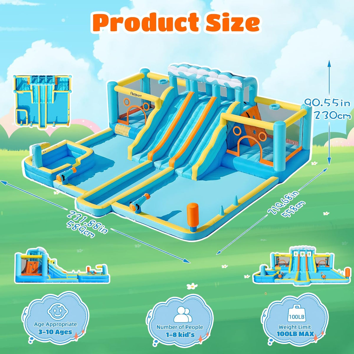 Inflatable Bounce House Water Slide, 3 Slides & 2 Bouncers 10-In-1 Water Slide Park Bounce House with 950W Blower, Bouncy Castle for Kids Backyard Party Outdoor, with Water Gun, Splash Pool