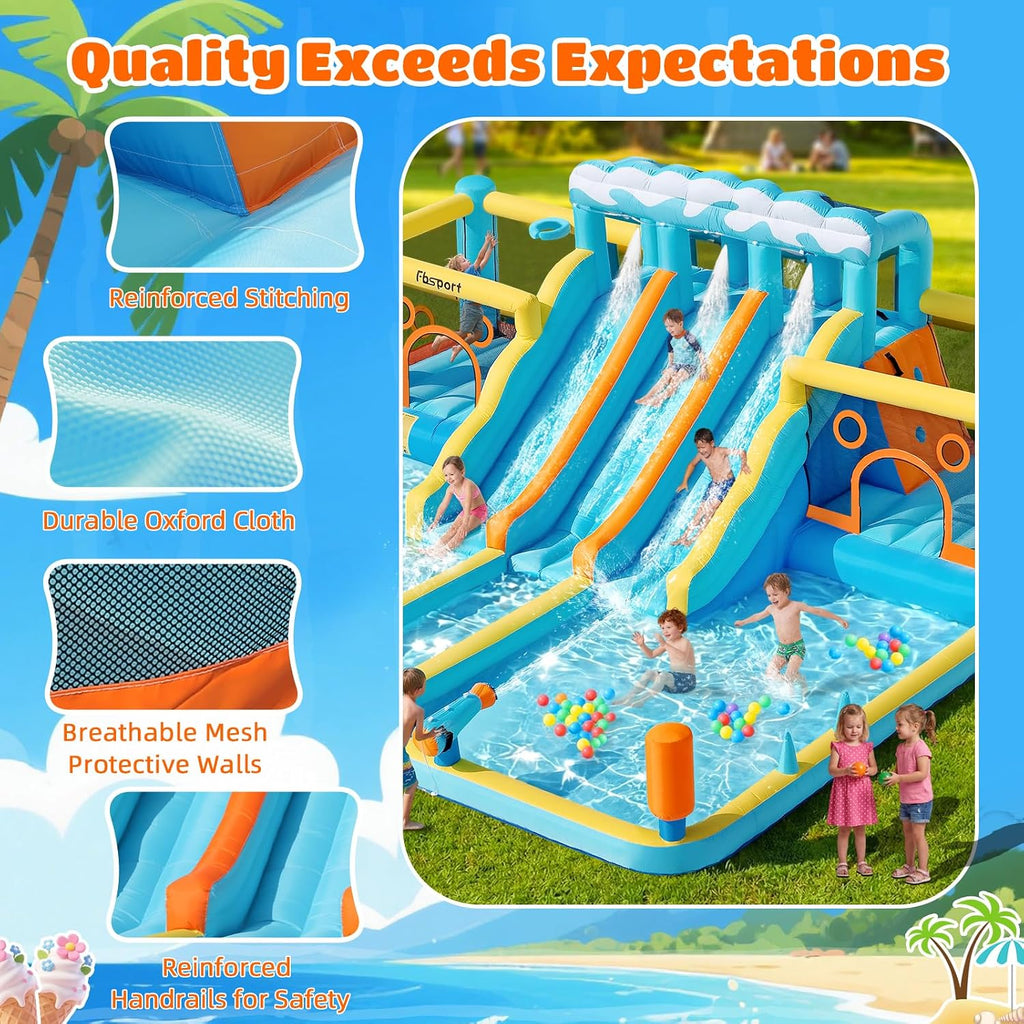 Inflatable Bounce House Water Slide, 3 Slides & 2 Bouncers 10-In-1 Water Slide Park Bounce House with 950W Blower, Bouncy Castle for Kids Backyard Party Outdoor, with Water Gun, Splash Pool