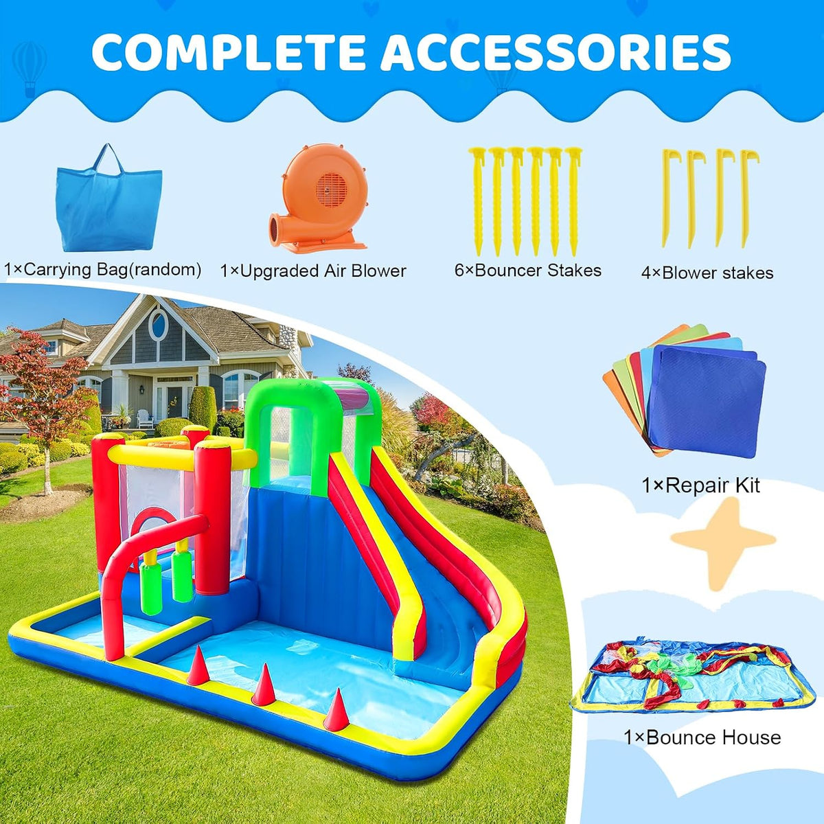 Bounce House, Inflatable Bouncing House for Kids, 8-In-1 Bouncy Castle with Blower, Kids Jumper Bouncy House with Slide for Indoor Outdoor Backyard