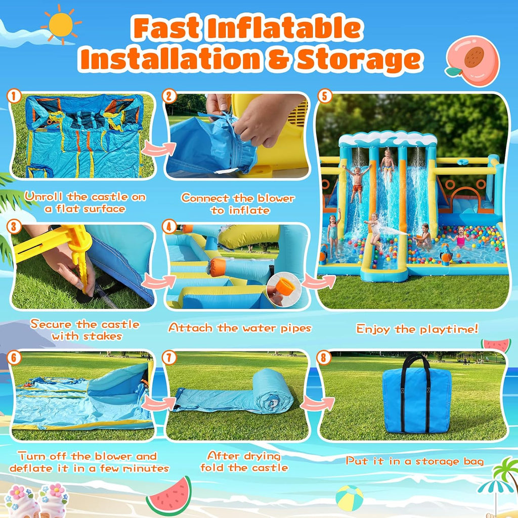 Inflatable Bounce House Water Slide, 3 Slides & 2 Bouncers 10-In-1 Water Slide Park Bounce House with 950W Blower, Bouncy Castle for Kids Backyard Party Outdoor, with Water Gun, Splash Pool