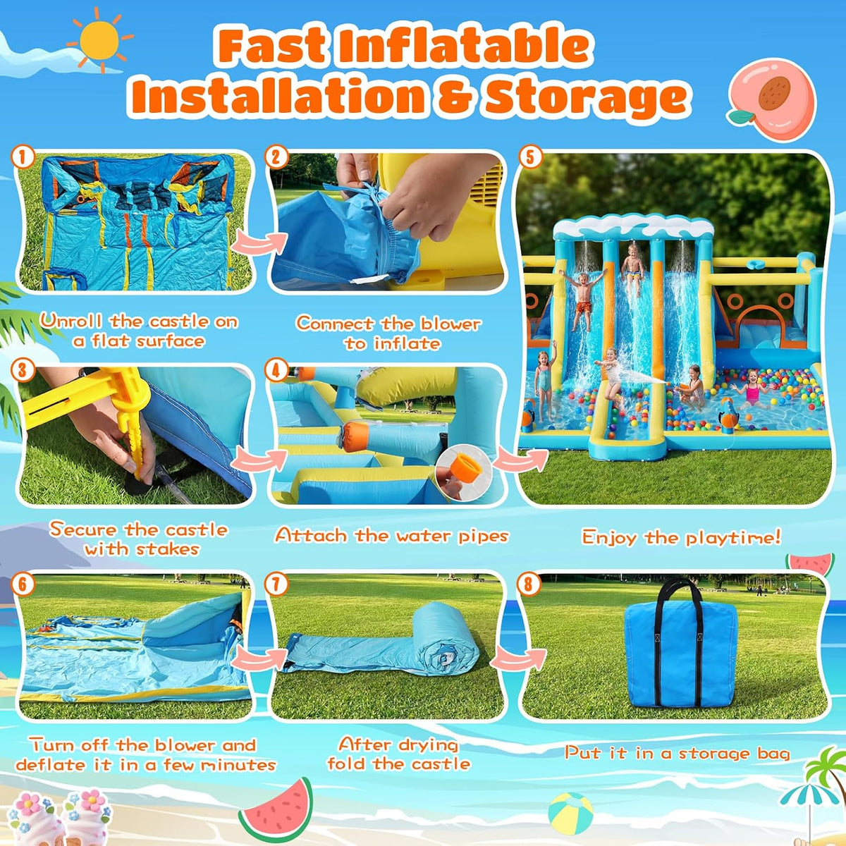 Inflatable Bounce House Water Slide, 3 Slides & 2 Bouncers 10-In-1 Water Slide Park Bounce House with 950W Blower, Bouncy Castle for Kids Backyard Party Outdoor, with Water Gun, Splash Pool