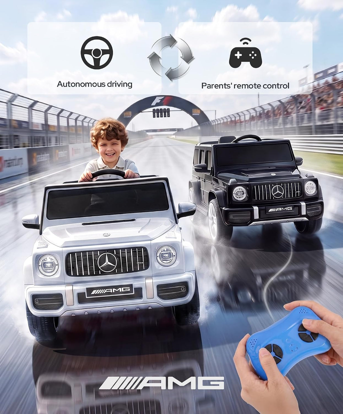 Licensed Mercedes-Benz AMG G63 Ride on Toys,Electric Car for Kids W/Parents Control,Electric Powered G Wagon Ride on Truck Toy,Low Battery Prompt,Bluetooth,Flickering Lights/Led Lights, White