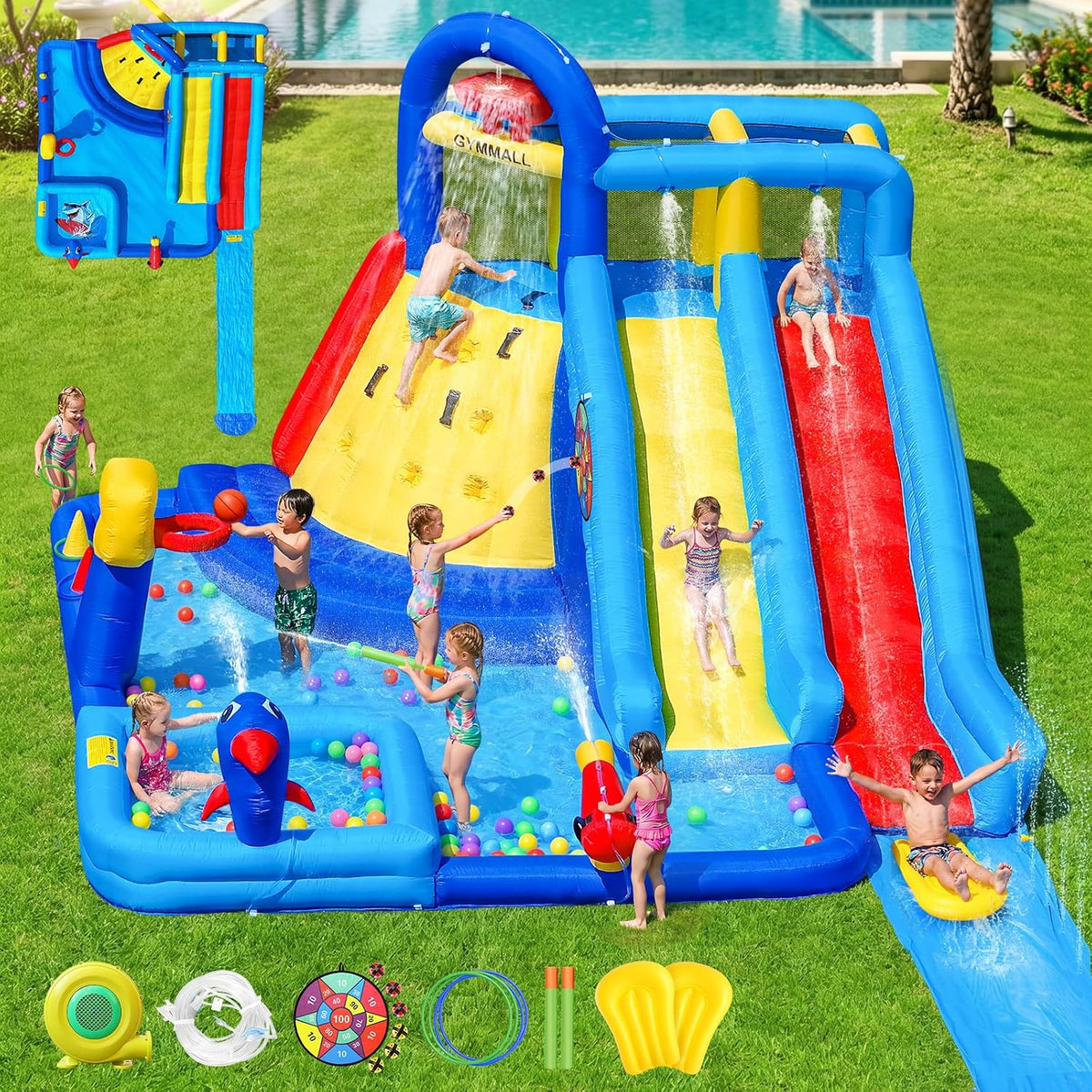 Inflatable Water Bounce House with Long Water Slide for Kids 3-10