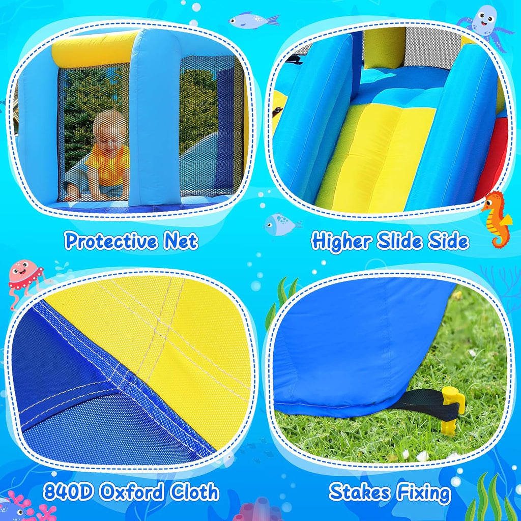 Inflatable Water Bounce House with Long Water Slide for Kids 3-10
