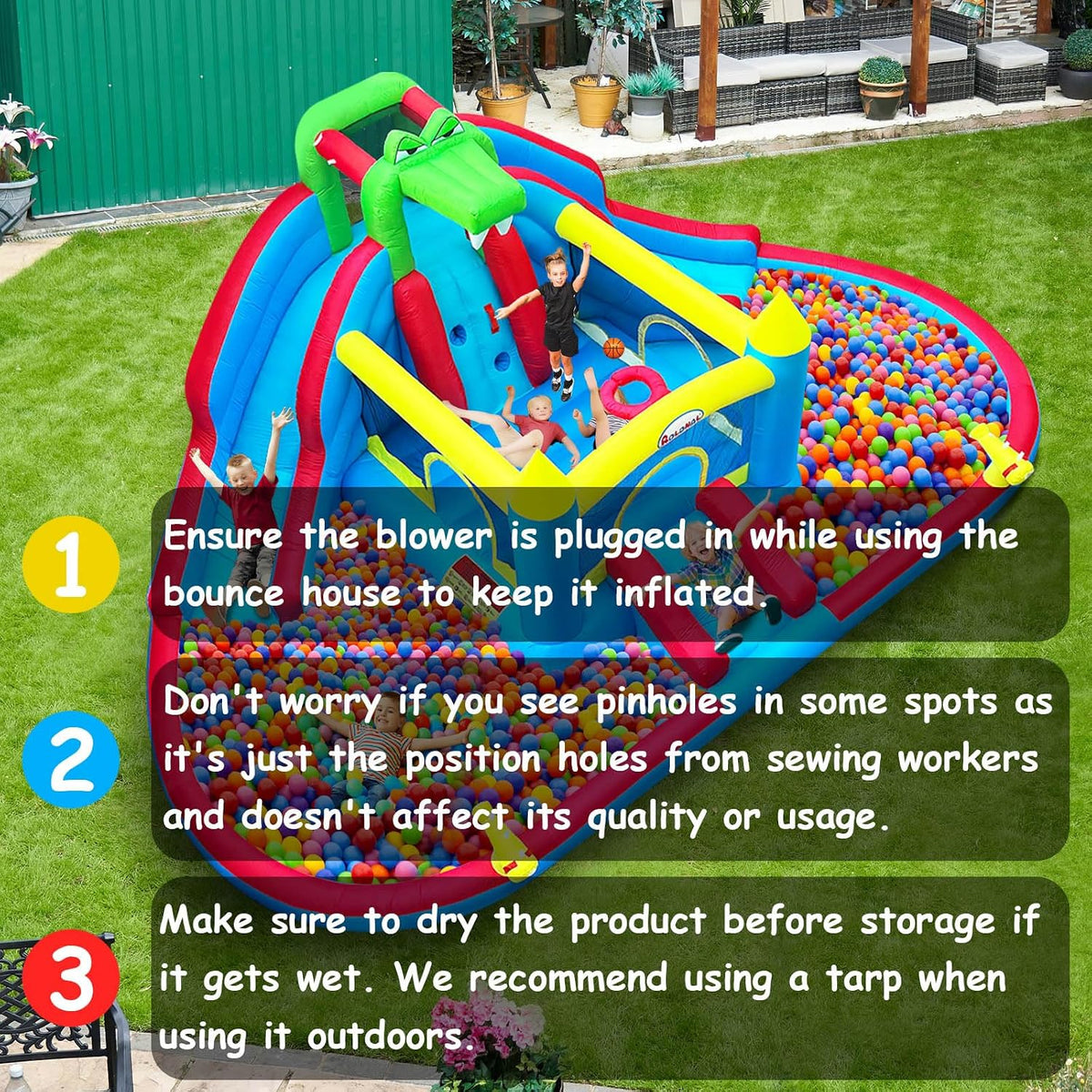 Inflatable Bounce House with Water Slide, Crocodile Bouncy Castle for Kids Indoor & Outdoor, Ball Pit, Climbing Wall, Basketball Hoop