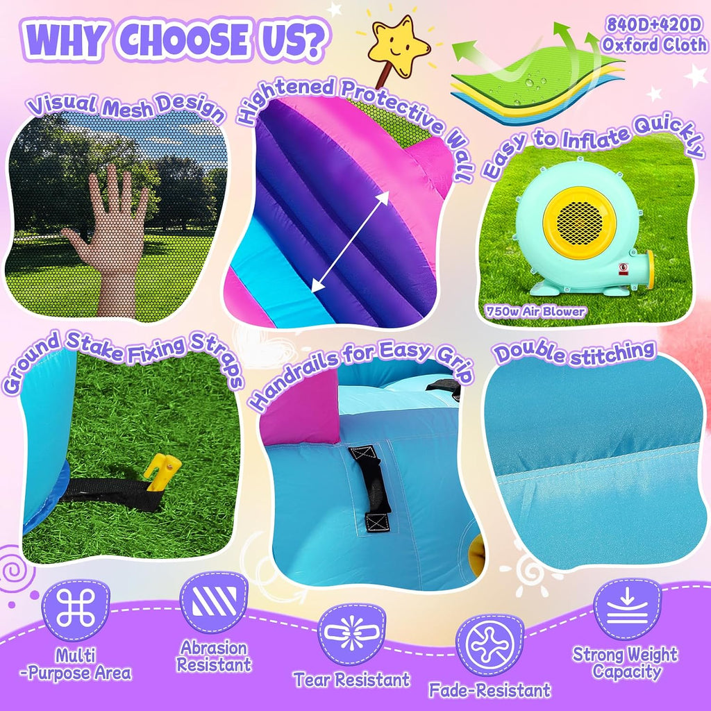 Inflatable Bounce House Bouncy House with Double Water Slide, Inflatable Bouncy Castle Water Bounce House with 750W Blower, Climbing Wall, Jumping, Splash Pool for Kids Indoor Outdoor