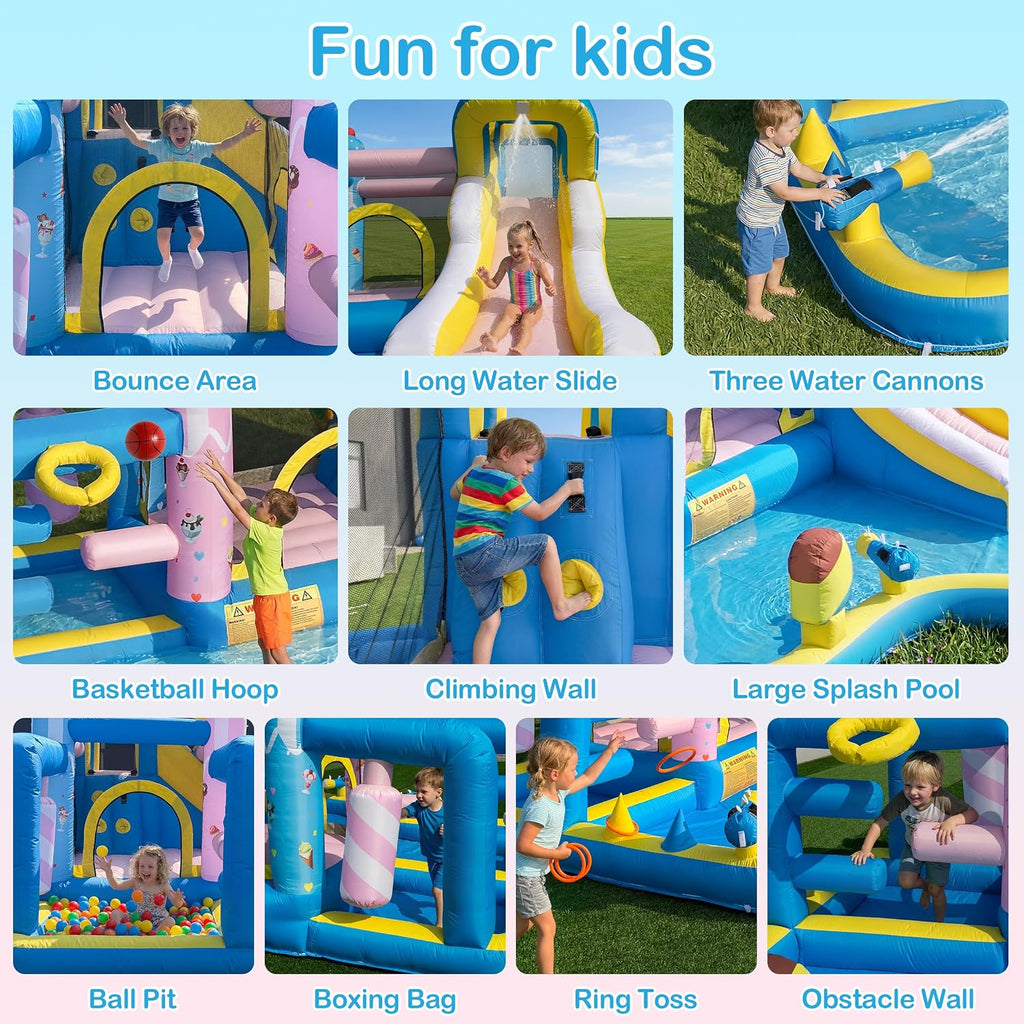 Inflatable Water Slide for Kids 3-12: Blow up Bounce House Backyard Water Park with 480W Blower- 10 in 1 with Pool for Outdoor Birthday Party