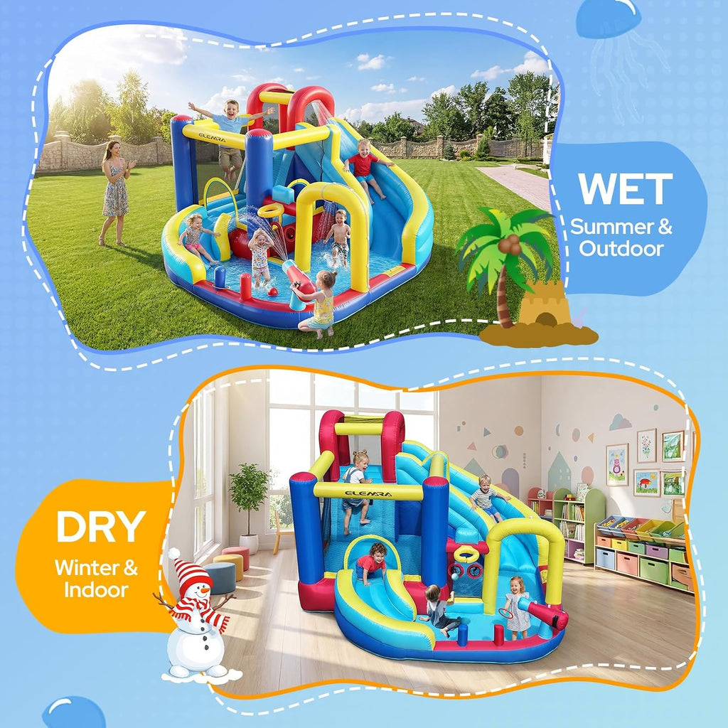 10 in 1 Inflatable Water Slide Bounce House, Inflatable Bounce House with Blower, Dual Slides & Climbing Walls & Ring-Toss Game & 2 Water Guns, Splash Pool, Blow up Water Slide with Blower
