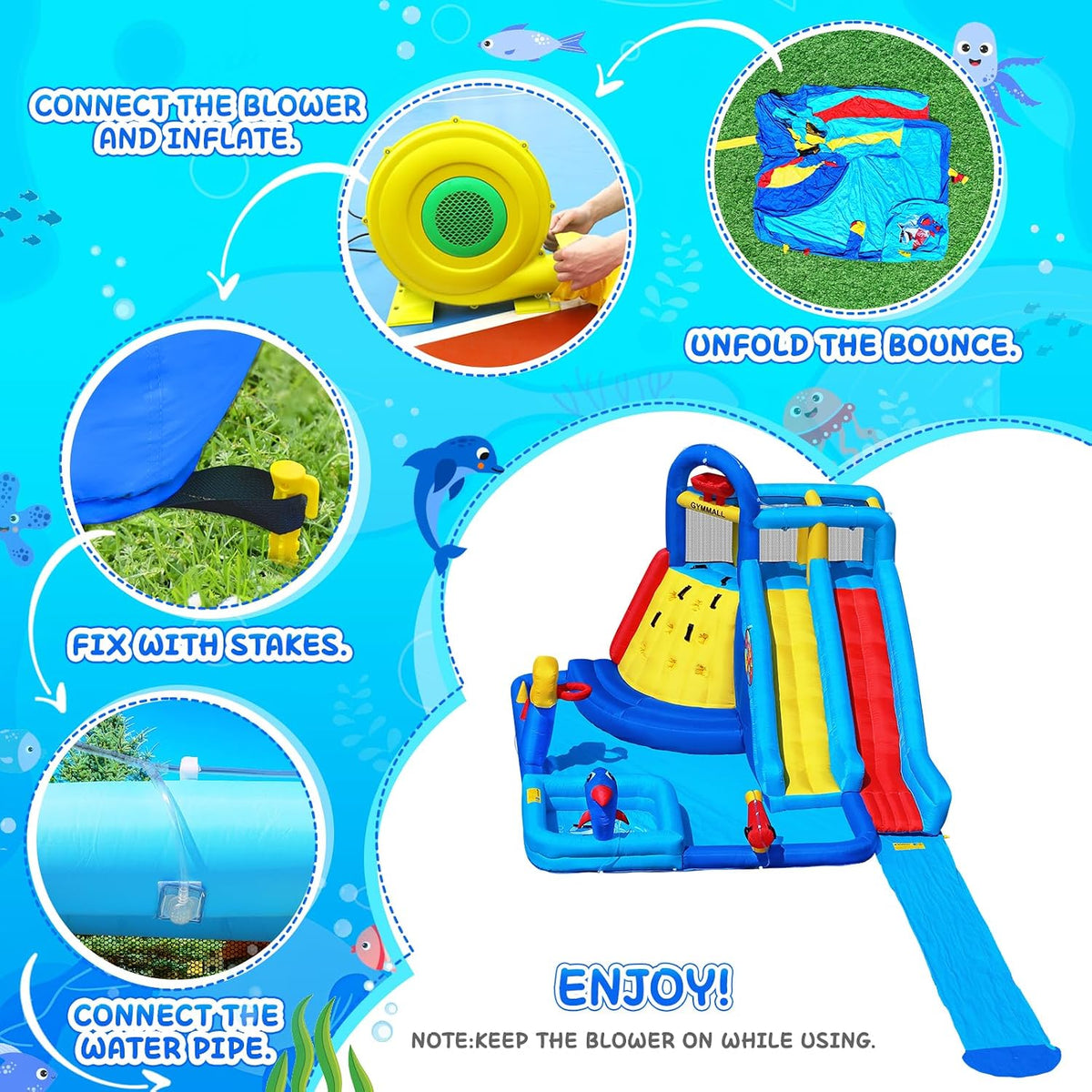 Inflatable Water Bounce House with Long Water Slide for Kids 3-10