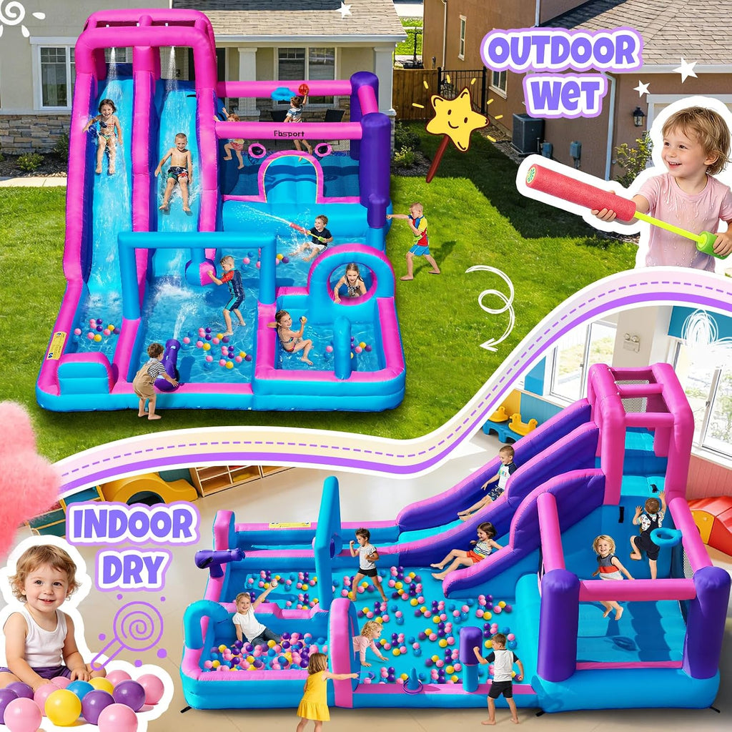 Inflatable Bounce House Bouncy House with Double Water Slide, Inflatable Bouncy Castle Water Bounce House with 750W Blower, Climbing Wall, Jumping, Splash Pool for Kids Indoor Outdoor