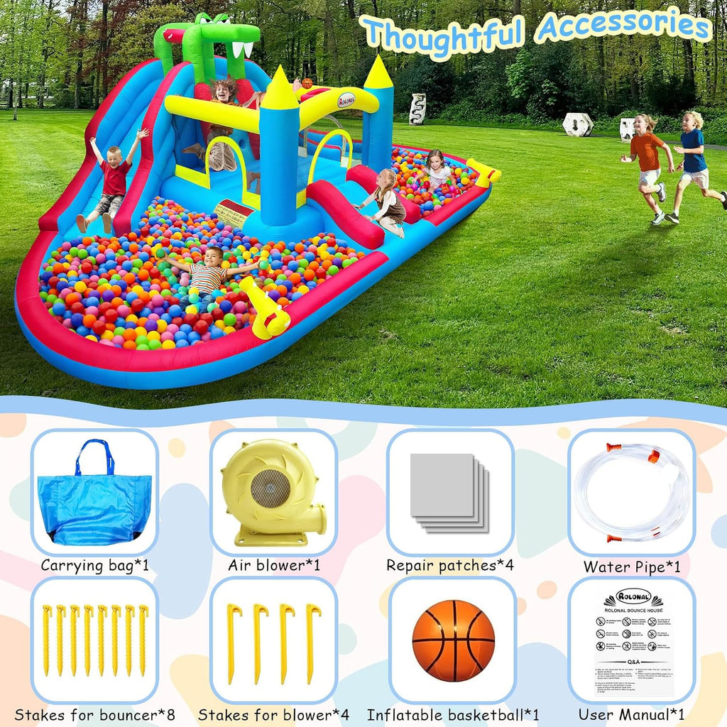 Inflatable Bounce House with Water Slide, Crocodile Bouncy Castle for Kids Indoor & Outdoor, Ball Pit, Climbing Wall, Basketball Hoop