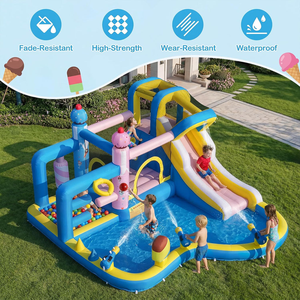Inflatable Water Slide for Kids 3-12: Blow up Bounce House Backyard Water Park with 480W Blower- 10 in 1 with Pool for Outdoor Birthday Party