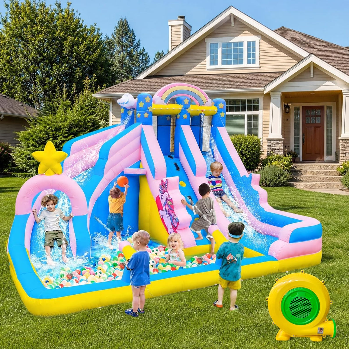 6 in 1 Inflatable Water Slide Bounce House for Kids Backyard