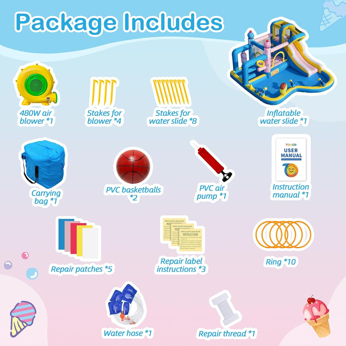 Inflatable Water Slide for Kids 3-12: Blow up Bounce House Backyard Water Park with 480W Blower- 10 in 1 with Pool for Outdoor Birthday Party