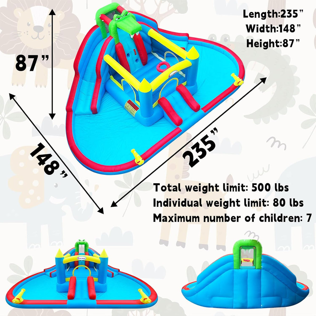Inflatable Bounce House with Water Slide, Crocodile Bouncy Castle for Kids Indoor & Outdoor, Ball Pit, Climbing Wall, Basketball Hoop