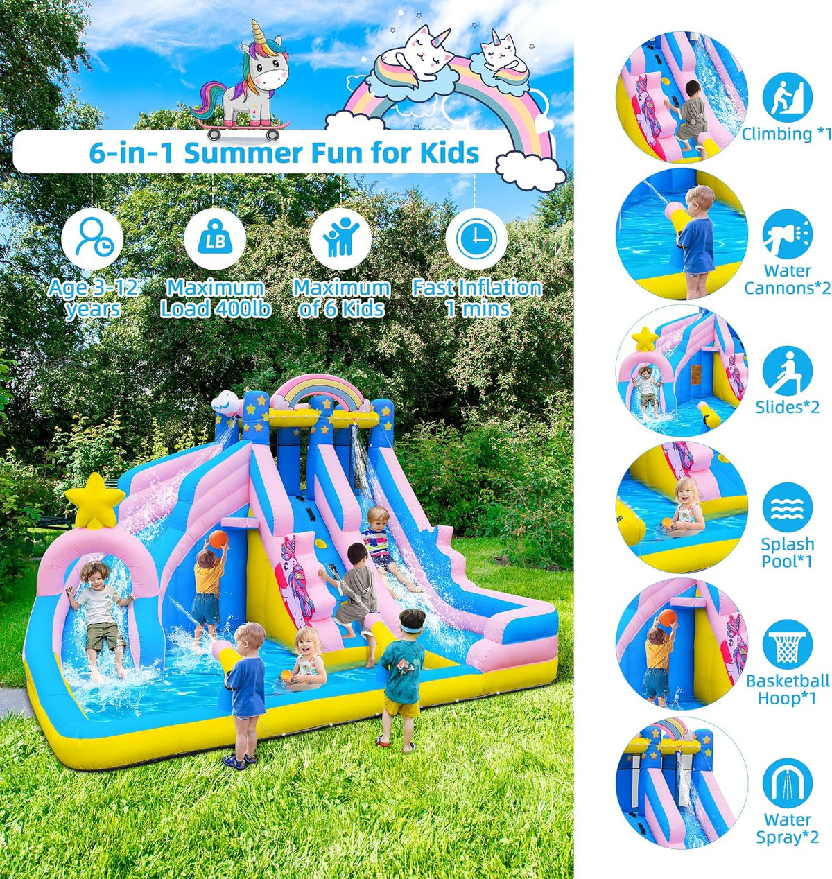 6 in 1 Inflatable Water Slide Bounce House for Kids Backyard